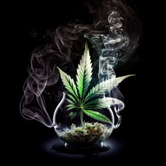 Marijuana art poster. Green cannabis leaves in artistic smoke. Weed leaves with white smoke on dark background.