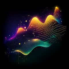 Colorful tech digital background. Multicolor wave glowing backdrop. Dots and waves pattern on the black background, Generative AI. Technology concept. Web conncetions concept. Computer data concept.