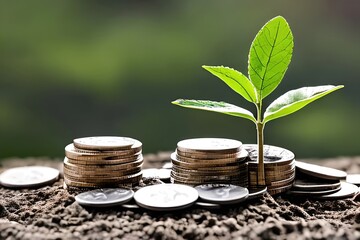 Green Plant growing on coins, stacking coins with green plant, Business Finance & Money concept, Save money for prepare in the future, green finance, growth, ESG, environment, social, Government