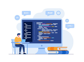 Wall Mural - web development. programming languages. css, html, it, ui. programmer cartoon character developing w
