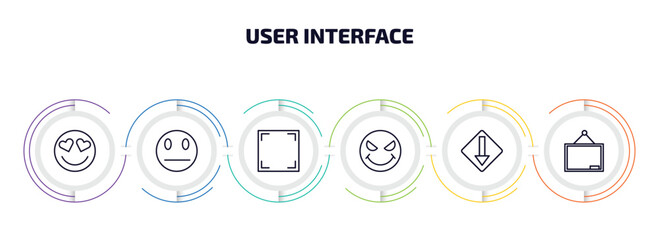 Wall Mural - user interface infographic element with outline icons and 6 step or option. user interface icons such as in love smile, sceptic smile, screen in white, evil smile, low, blackboard with vector.