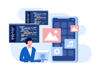 Wall Mural - software development. web programming languages. css, html, it, ui. programmer cartoon character dev