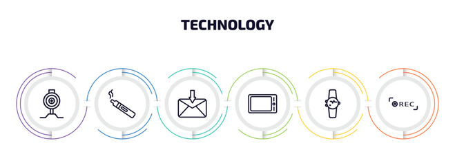 technology infographic element with outline icons and 6 step or option. technology icons such as pitching hine, electronic cigarette, received, horizontal tablet, smart watch, recording vector.