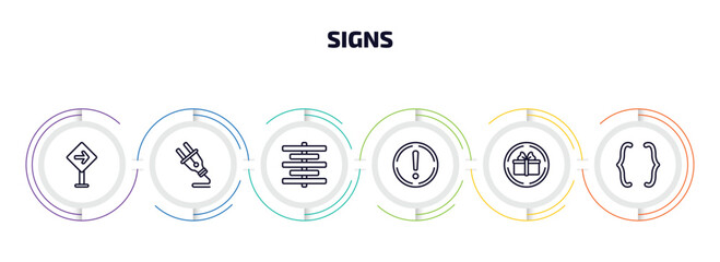Wall Mural - signs infographic element with outline icons and 6 step or option. signs icons such as traffic, plug, align center, exclamation, gift shop, parenthesis vector.
