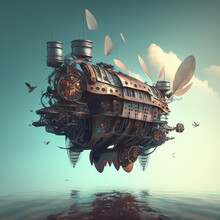 A Large Flying Machine Floats Above The Surface Of The Water, Steampunk Style Made With Generative AI Touched Up In Photoshop