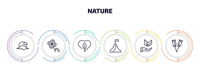 nature infographic element with outline icons and 6 step or option. nature icons such as sun fuji mo