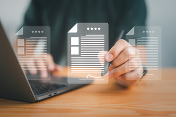Aufkleber - Paperless workplace, e-signing, electronic signature, document management A businessman signs an electronic document on a digital document on a virtual notebook screen using a stylus pen.