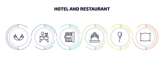 Wall Mural - hotel and restaurant infographic element with outline icons and 6 step or option. hotel and restaurant icons such as hammock, nightstand, minibar, napkins, balloon, pillow vector.