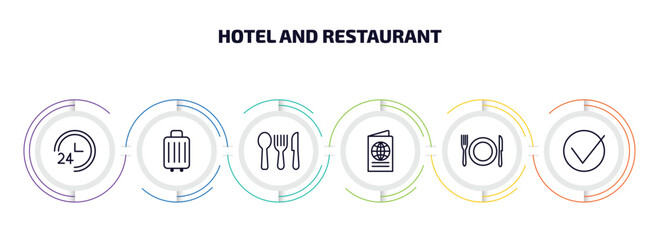 Wall Mural - hotel and restaurant infographic element with outline icons and 6 step or option. hotel and restaurant icons such as 24 service, luggage, eating utensils, passport, meal, check in vector.