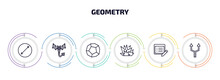 Geometry Infographic Element With Outline Icons And 6 Step Or Option. Geometry Icons Such As Diameter, Polygonal Scorpion, Dodecahedron, Explode, Properties, Parallel Vector.
