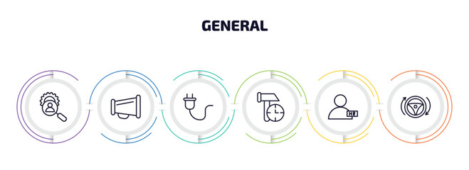 Wall Mural - general infographic element with outline icons and 6 step or option. general icons such as hr services, agitation, electric plug, build time, hr manager, autopilot vector.