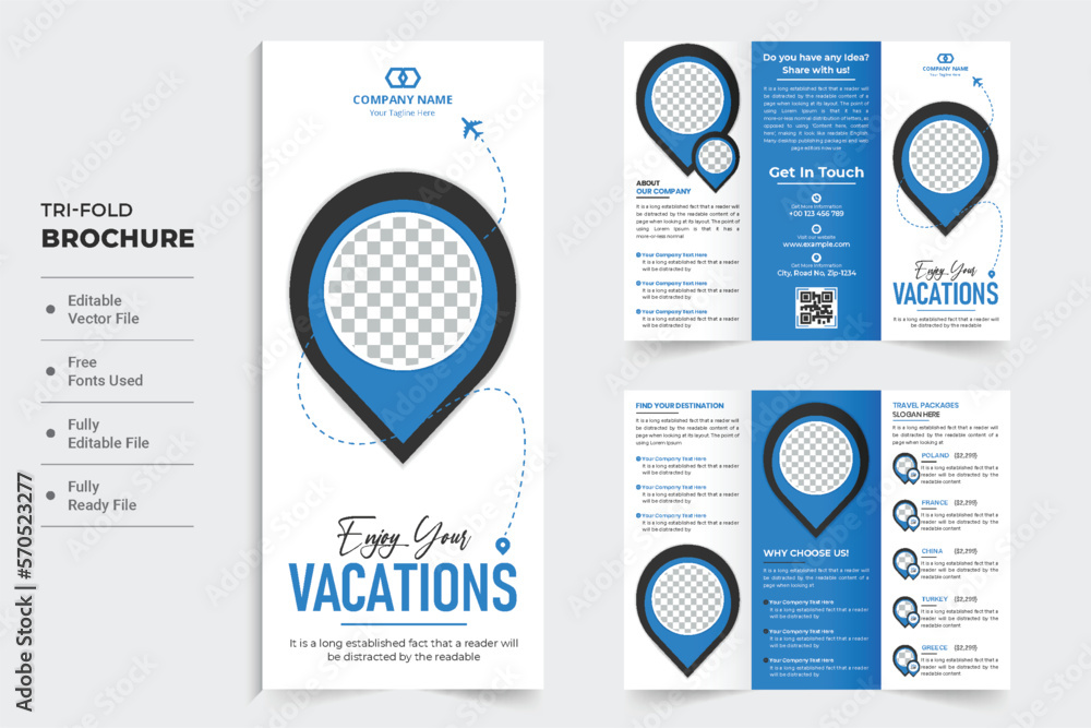 Tour and travel tri fold brochure template with blue and dark colors ...