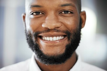 Canvas Print - Portrait of black man smile for teeth whitening results, dental medical insurance and healthcare in USA. Happy person or young professional with mouth cleaning services in face, headshot for about us