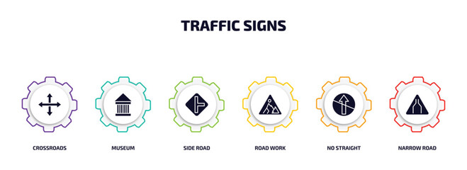 Wall Mural - traffic signs infographic element with filled icons and 6 step or option. traffic signs icons such as crossroads, museum, side road, road work, no straight, narrow road vector.