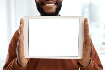 Aufkleber - Tablet, mockup screen and black man smile for website branding, social media and mobile app on internet. Marketing, network and male with empty, blank and copy space of digital tech for advertising