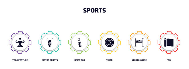 Wall Mural - sports infographic element with filled icons and 6 step or option. sports icons such as yoga posture, motor sports, drift car, third, starting line, foil vector.