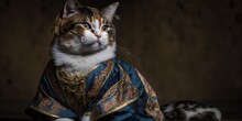 Funny Scene Of Cute Cat Wearing Traditional Victorian Costume At The Imperial Palace. Cat Wearing A Elegant Victorian Lace Dress. Generative AI