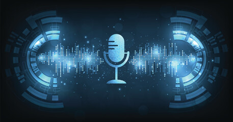 Podcast, Internet digital recording concept. Podcast logo, Mic icon special and Sound wave rhythm on dark blue background.	