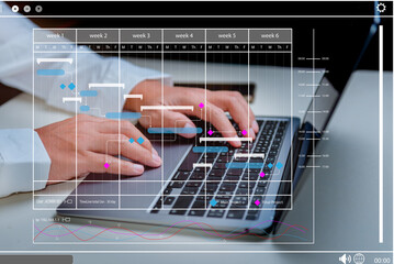 Businessman using laptop with Gantt chart scheduling virtual diagram. Project management schedule plan diagram business process optimisation concept..