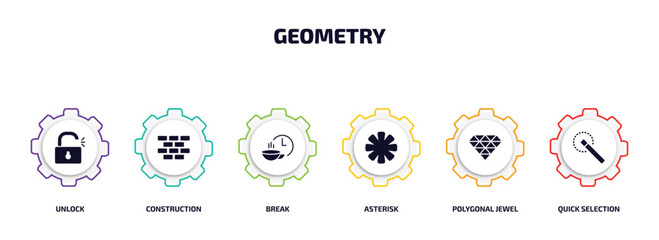 Wall Mural - geometry infographic element with filled icons and 6 step or option. geometry icons such as unlock, 