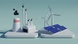 © Cond.STD - pollution coal power station vs renewable energy sources, wind turbines and solar panels, 3d rendering