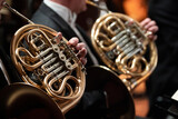 Fototapeta Krajobraz - French horn players playing during a classical symphony orchestra concert