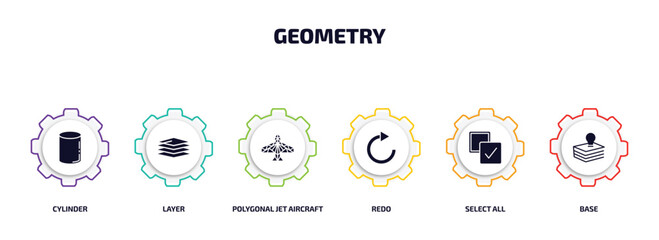 Wall Mural - geometry infographic element with filled icons and 6 step or option. geometry icons such as cylinder, layer, polygonal jet aircraft, redo, select all, base vector.