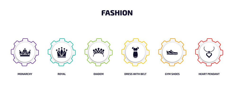 fashion infographic element with filled icons and 6 step or option. fashion icons such as monarchy, royal, diadem, dress with belt, gym shoes, heart pendant vector.