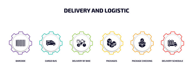 Wall Mural - delivery and logistic infographic element with filled icons and 6 step or option. delivery and logis