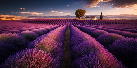 Beautiful lavender field, purple, blue sky, farm, generative ai