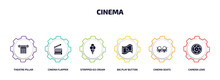 Cinema Infographic Element With Filled Icons And 6 Step Or Option. Cinema Icons Such As Theatre Pillar, Cinema Flapper, Stripped Ice Cream Cone, Big Play Button, Seats, Camera Lens Vector.