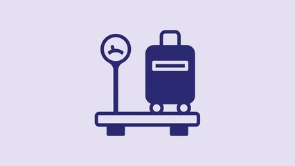 Poster - Blue Scale with suitcase icon isolated on purple background. Logistic and delivery. Weight of delivery package on a scale. 4K Video motion graphic animation