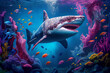 Shark in aquarium digital art illustration, generative ai 