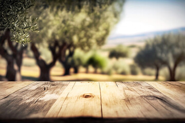 Wooden table and olive trees in background. Generative ai.