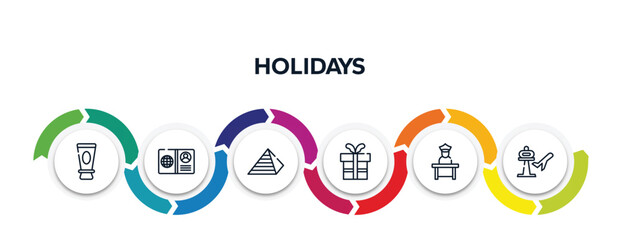 Wall Mural - holidays outline icons with infographic template. thin line icons such as skin sunscreen, open passport, null, birthday gift, airport worker, airport vector.