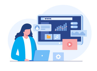 Web design, girl with a laptop, ui ux and programmer with computer, software development, flat illustration vector template
