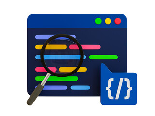 3d minimal coding icon. coding screen. web development concept. browser with a programming source code and magnifying glass. 3d illustration.