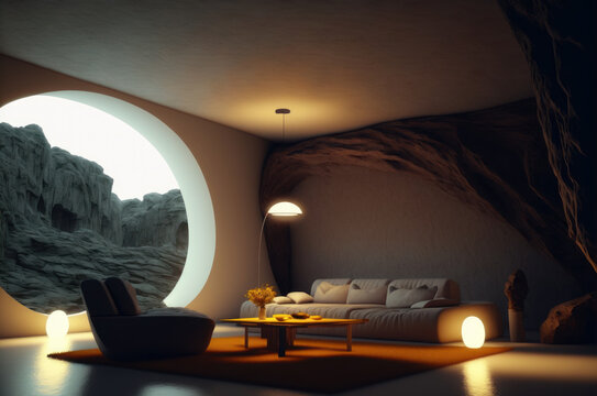 salón moderno en una cueva, creada con ia generativa