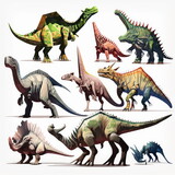 Fototapeta Dinusie - set of Dinosaurs, white background, Made by AI,Artificial intelligence