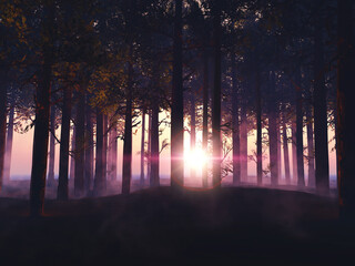 Wall Mural - 3d forest landscape with a sunset sky