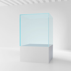 Wall Mural - Realistic glass square showcase. Empty glass box in room. 3d illustration