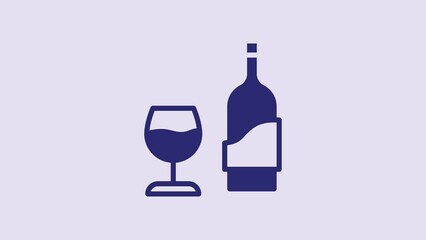 Sticker - Blue Wine bottle with glass icon isolated on purple background. 4K Video motion graphic animation