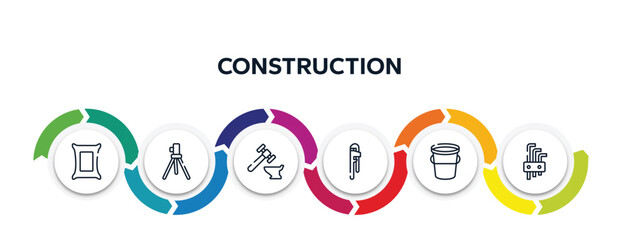 Wall Mural - construction outline icons with infographic template. thin line icons such as cement, geodetic, blacksmith, hand tool, water bucket, allen keys vector.