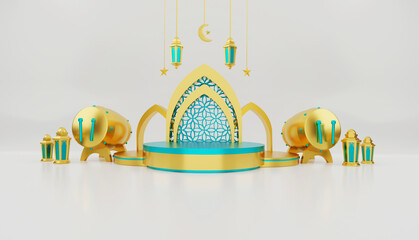 Wall Mural - Islamic decoration with lantern, gift and moon. Design concept of ramadan kareem, iftar, isra miraj, eid al fitri, eid al adha, muharram, copy space text, 3D illustration.