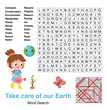 Word search game. Earth day theme. Educational puzzle for kids. Learn English. Zero waste. Activity page for children. Vector illustration.