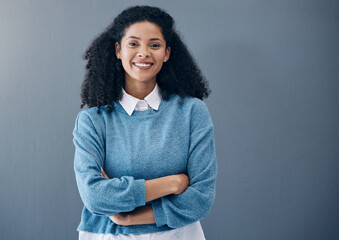 Black woman, happy portrait and business smile with professional and confident leader mockup space. Face of Colombia entrepreneur person with arms crossed, pride and smile for vision grey background