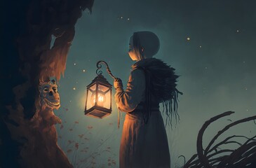 Wall Mural - Girl handing a lantern to the watcher, digital art style, illustration painting
