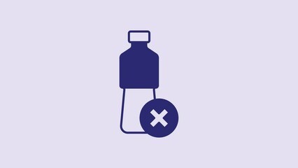 Sticker - Blue No water bottle icon isolated on purple background. No plastic bottle. Water bottle ban sign. 4K Video motion graphic animation