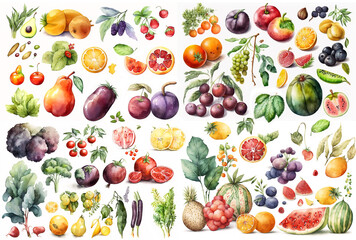 Wall Mural - Watercolor illustration of a collection of fruit and vegetables on a white background - AI generative