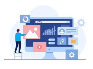 Web design, ui ux and programmer with computer, software development, flat illustration vector template banner